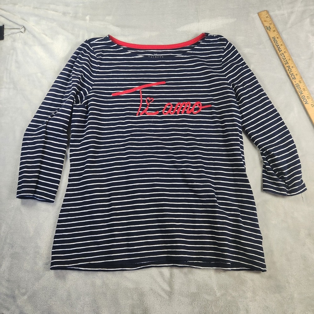 Talbots Navy and White Striped Embroidered Ti Amo Blouse Cotton XL Petite
